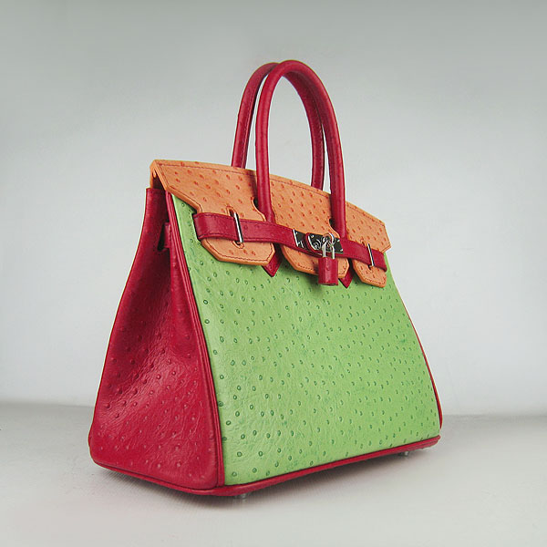 Replica Hermes Birkin 30CM Ostrich Veins Handbag Red/Orange/Green 6088 On Sale - Click Image to Close